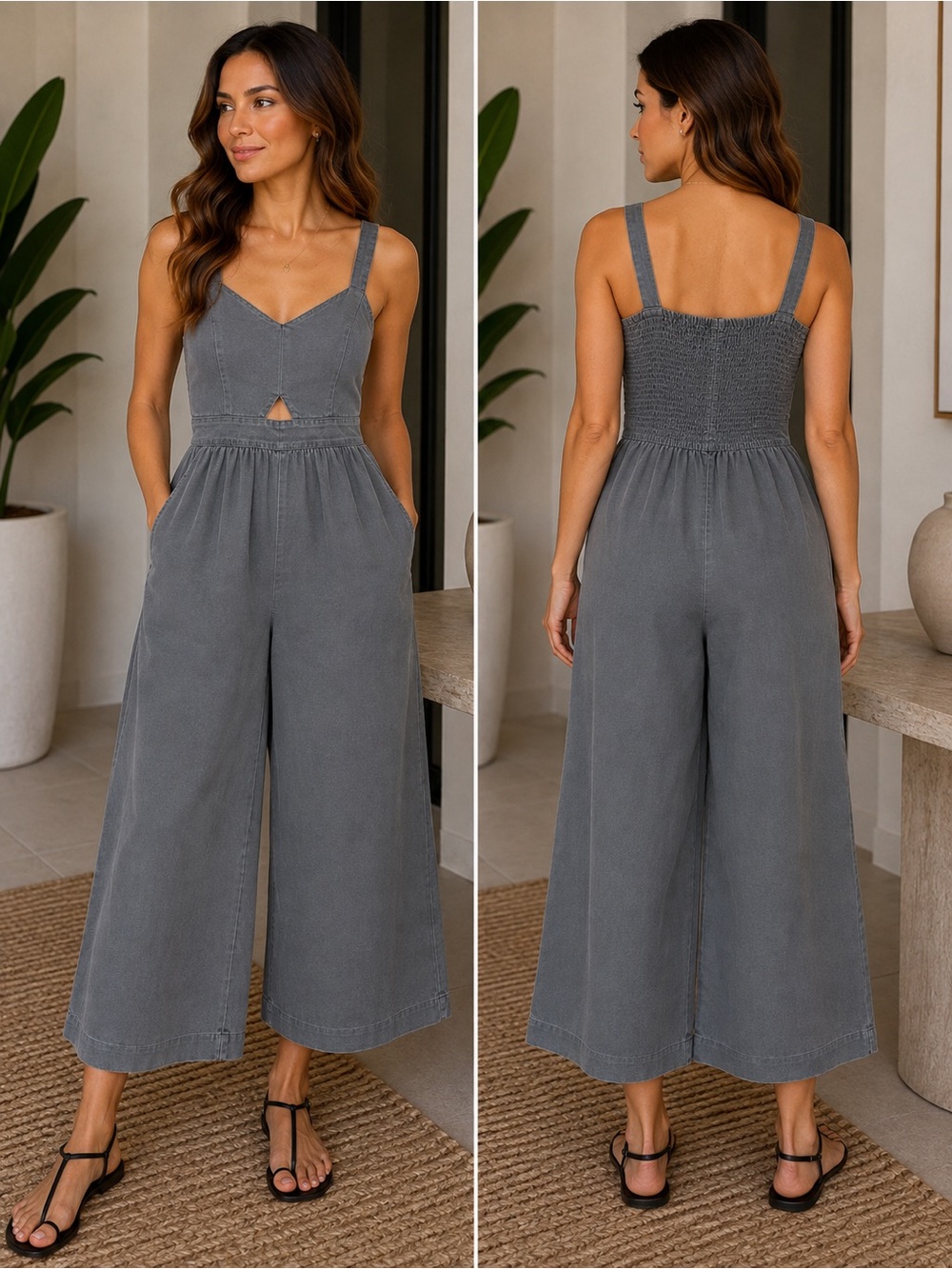 Smocked Back Wide-Leg Jumpsuit in Slate Gray